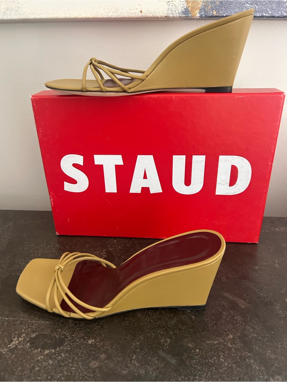 STAUD Yellow Knotted Strappy Slide Heels with Burgundy Insole - Picture 4 of 10